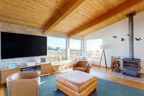 TV, fireplace, DVD player, offices - Ocean-view meadow home with private hot tub, dogs welcome (Sea Ranch)