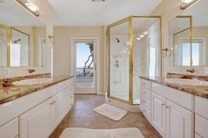 Shower, towels - Oceanfront home with private hot tub, views, & close beach access (Gualala)