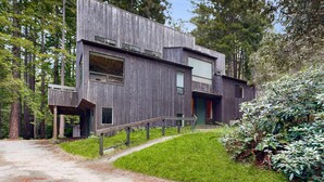 A modern wooden house with a staircase leading to the entrance, surrounded by a forest. - Sea Ranch 3BR home with deck & grill near Shell Beach — dogs welcome (Sea Ranch)