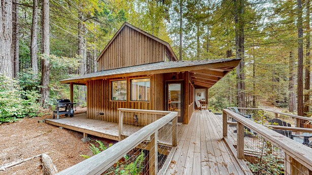 A wooden cabin with a deck, surrounded by forest. - Sea Ranch 2BR forested home with deck & grill near the Lodge — dog friendly (Sea Ranch)