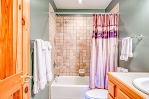 Shower, hair dryer, towels, shampoo - Merz Mountain Hideaway - Mtn Views & Private Deck (Angel Fire)