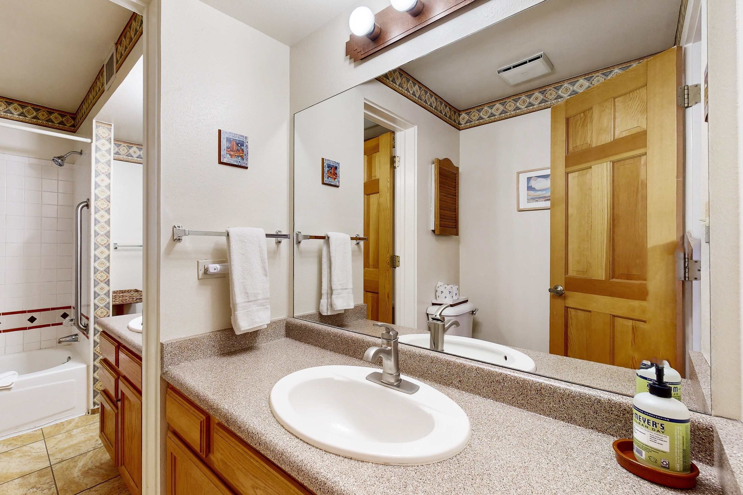 Shower, hair dryer, towels, shampoo