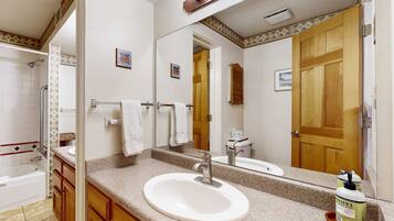 Shower, hair dryer, towels, shampoo