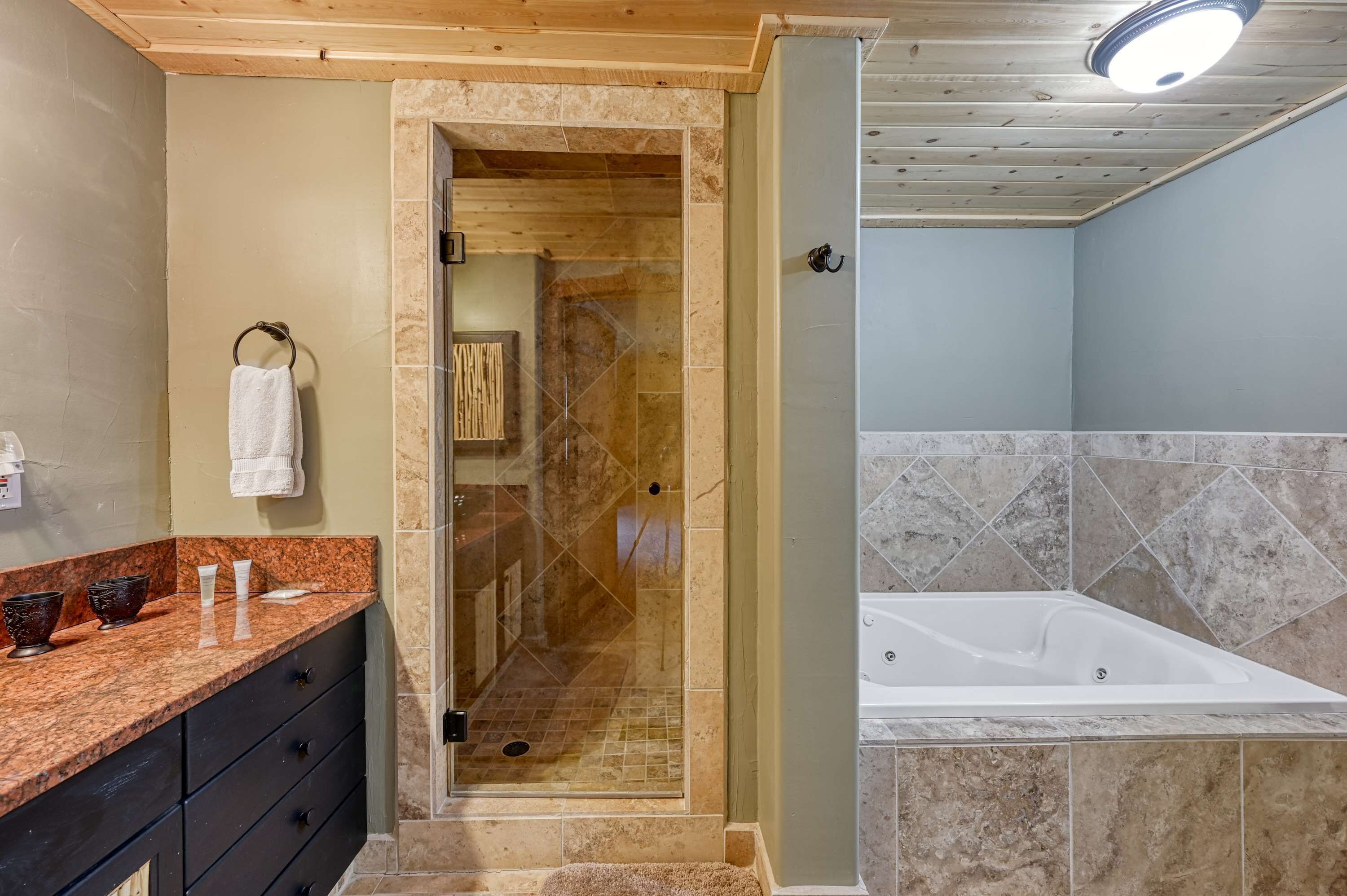 Shower, hair dryer, towels, shampoo