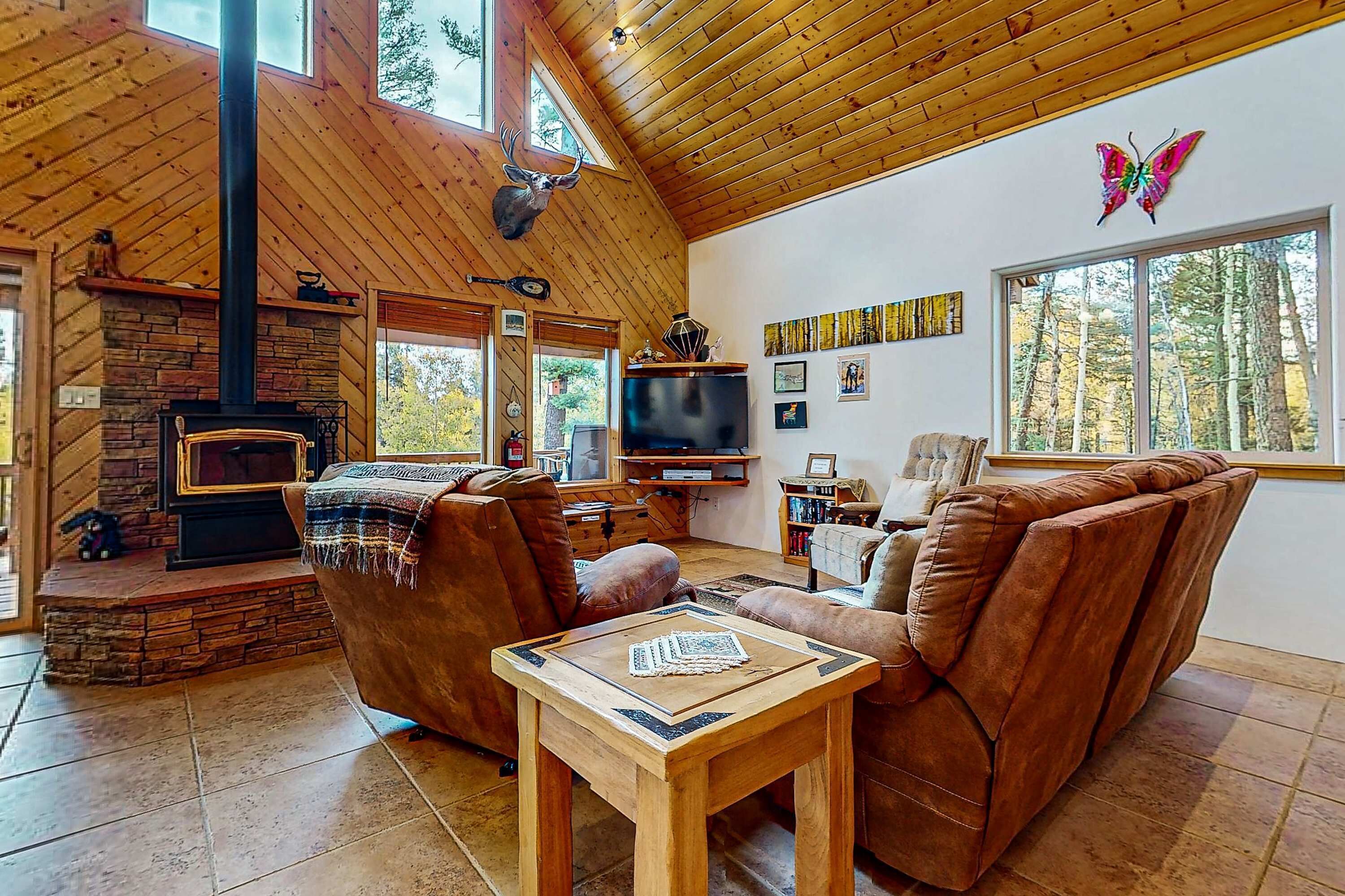 Televisión, chimenea, reproductor de DVD y oficina 