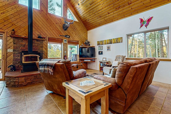 Televisión, chimenea, reproductor de DVD y oficina
