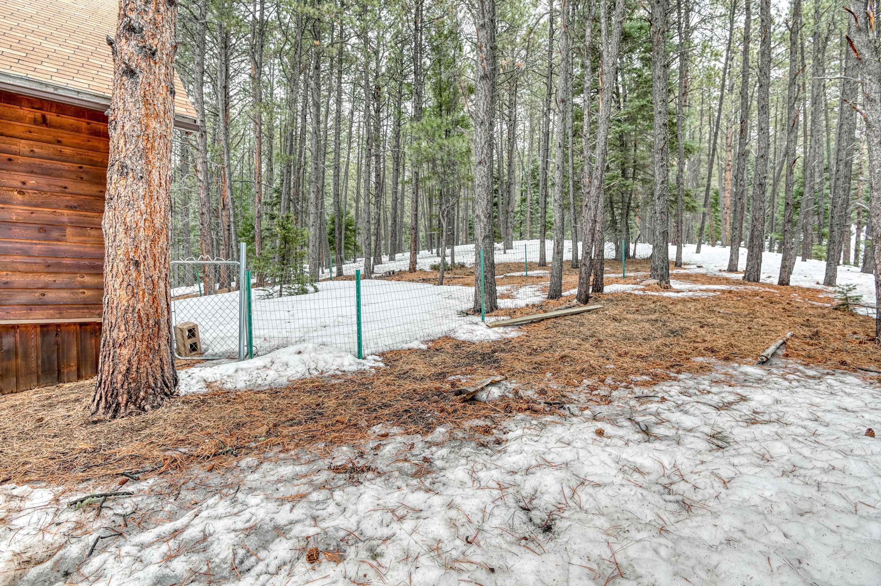 En stuga av trä omgiven av en skog med snö på marken.