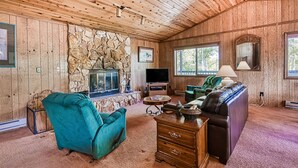 A wooden-paneled room with a stone fireplace, a television, a sofa, and a lamp.