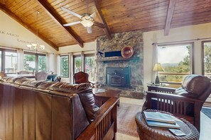 TV, fireplace, offices - Pine Valley Lodge - Views, Deck, Firepit & Sauna (Angel Fire)