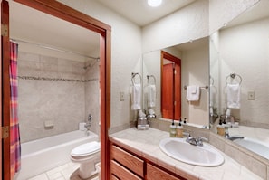Shower, hair dryer, towels, shampoo