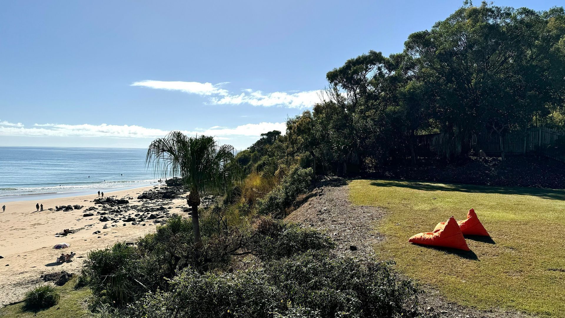 Une plage avec une zone herbeuse et des arbres, un rivage sablonneux et un ciel dégagé.