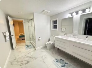 Shower, hair dryer, bidet, towels