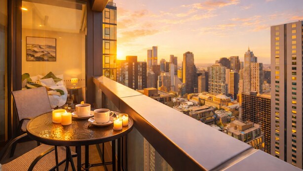 A balcony with a table set for two, candles, and a cityscape view. - 3 Bedroom CBD Apartment with Pool, Gym & Spa with Gorgeous City Views (Melbourne)