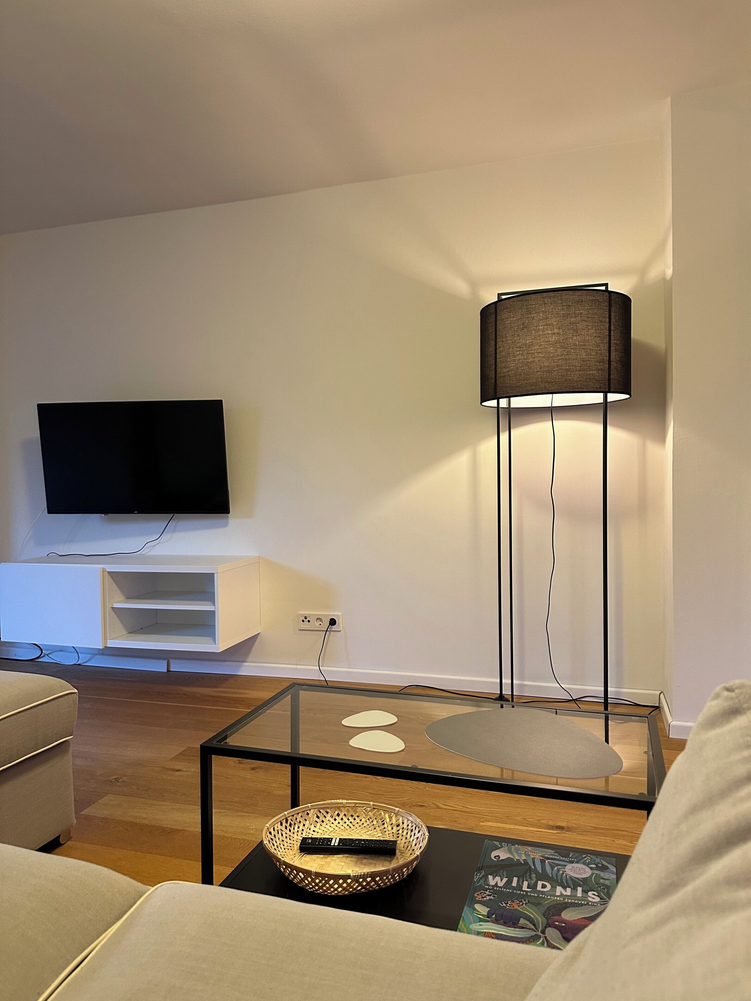Een woonkamer met een flatscreen televisie, een vloerlamp, een glazen salontafel met een afstandsbediening en een boek, en een bank.