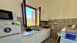 Eine kleine Küche mit Mikrowelle, Spüle und einem Fenster mit Blick auf ein Gebäude.