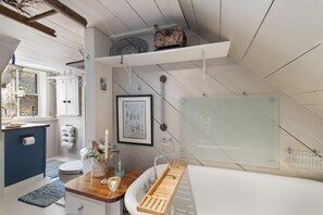 Hair dryer, bidet, towels, soap