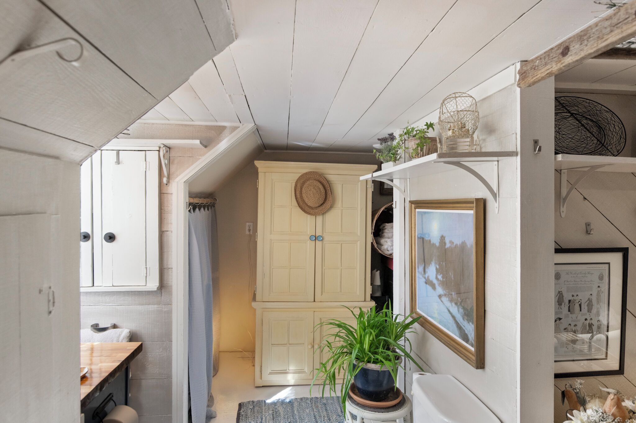 A narrow hallway with a wooden ceiling, a white door, a small table, and a potted plant.