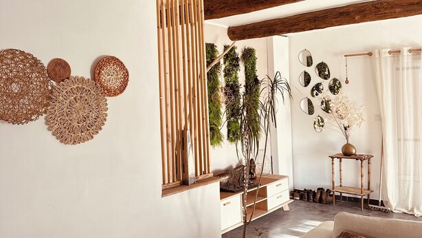 A living room with a sofa, a wooden beam ceiling, a wall with woven decorations, and a potted plant. - Villa Sainte Anne whole house and Spa overlooking the Alpilles (Sénas)
