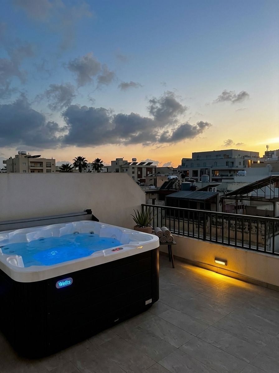 A rooftop terrace with a hot tub and a view of the cityscape at sunset.