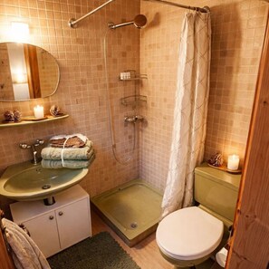 Un baño con ducha, inodoro, lavamanos y espejo.