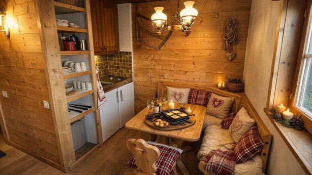 Un intérieur de chalet chaleureux avec des murs en bois, une table à manger agrémentée de coussins à motifs en forme de cœur, et un coin cuisine avec des étagères et un dosseret carrelé.