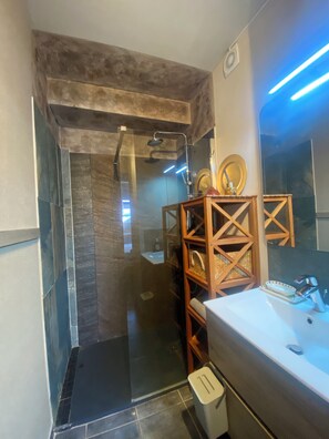 Shower, hair dryer, towels