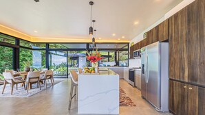 A modern kitchen with a central island, stainless steel appliances, and large windows offering a view of greenery. - Brand-New Ocean View Home at a Special Rate (Piedra Amarilla)