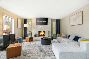 TV, fireplace, offices - Pocono Escape | Fire Pit + Game Room + Lake Access (East Stroudsburg)