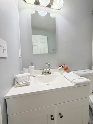 Séchoir à cheveux, serviettes fournies, savon, papier de toilette