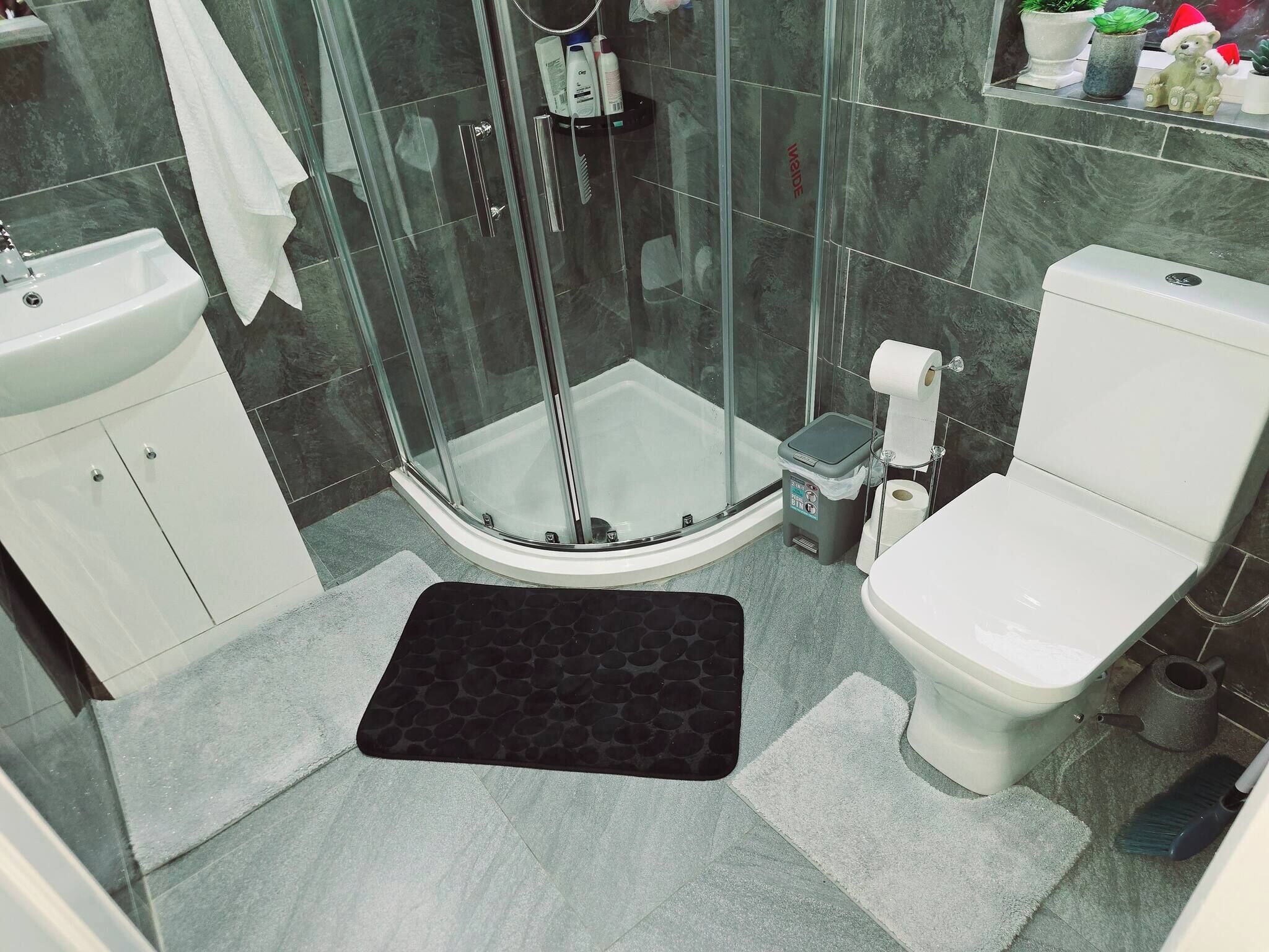 A modern bathroom with a glass shower enclosure, a toilet, a sink, and a trash bin.