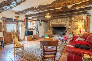 TV, fireplace, books - Maison bretonne de 1600 : Authenticité & Sérénité (Inzinzac-Lochrist)