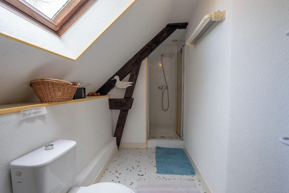 A narrow bathroom with a skylight, a shower, a toilet, and a small shelf with a basket.