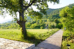 A wooden pathway leading through a lush green landscape with a stone border on one side. - Cozy Apartment with Breathtaking Views, Private Terrace Wi-Fi & Air Conditioner (Petrovac)