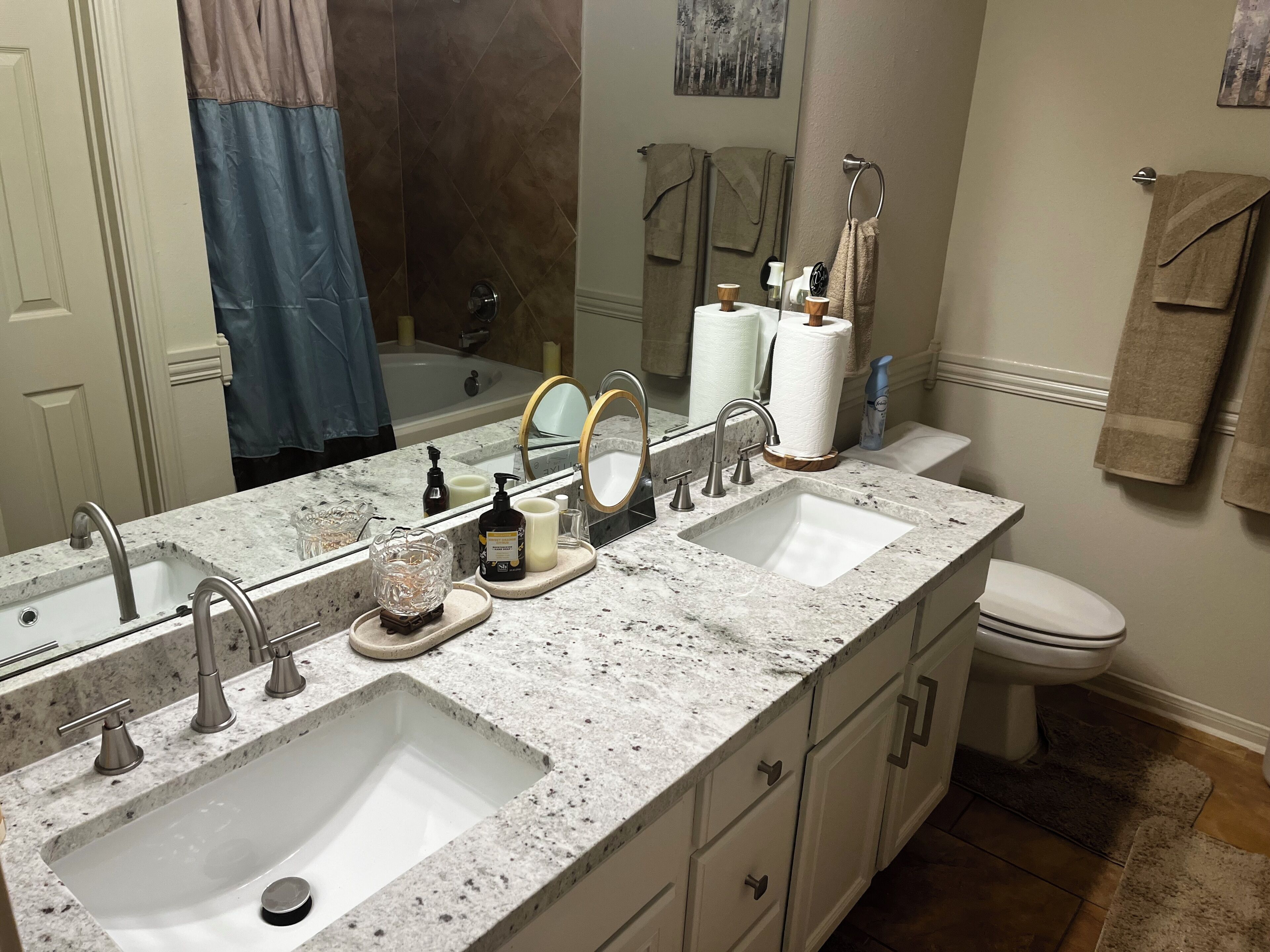 Jetted bath, hair dryer, towels, soap