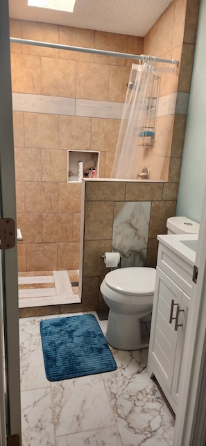 Chuveiro, secador de cabelo, toalhas de banho, sabonete