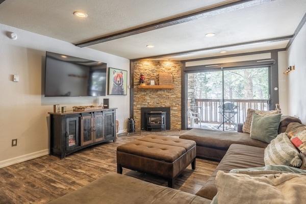 Smart TV, fireplace, books