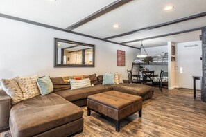 Smart TV, fireplace, books