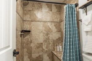 Hair dryer, towels, soap, shampoo
