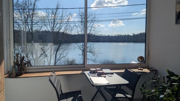A room with a large window overlooking a lake, a table with chairs, and a potted plant.