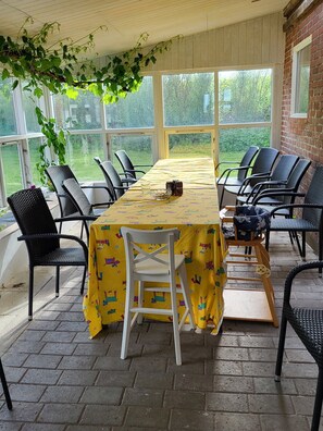 A covered patio with a table set for four, surrounded by chairs, and large windows offering a view of the outdoors.