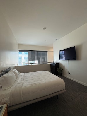 Habitación de hotel con cama, televisor montado en la pared, ventana con vistas a edificios y una planta pequeña en la cómoda.