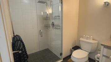 Hair dryer, towels, soap, toilet paper