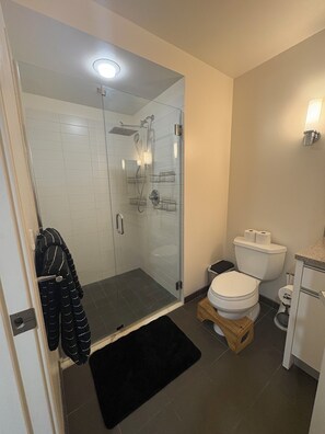 Hair dryer, towels, soap, toilet paper