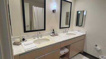 Hair dryer, towels, soap, toilet paper