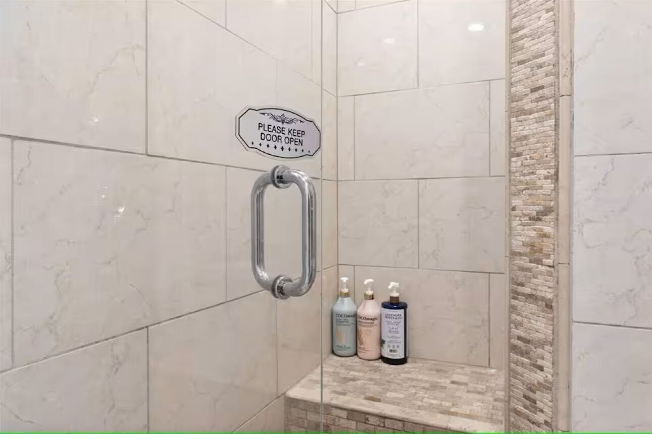Hair dryer, towels, soap, shampoo