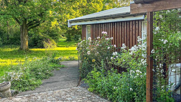 A garden pathway leading to a wooden structure with a metal roof, surrounded by lush greenery and flowering plants. - 2 bedroom awesome home in Stenlille (Stenlille)