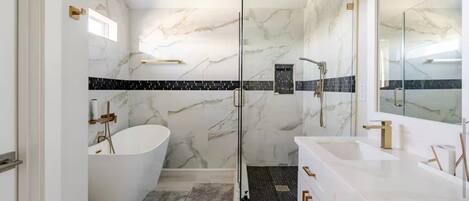 Hair dryer, towels, soap, toilet paper