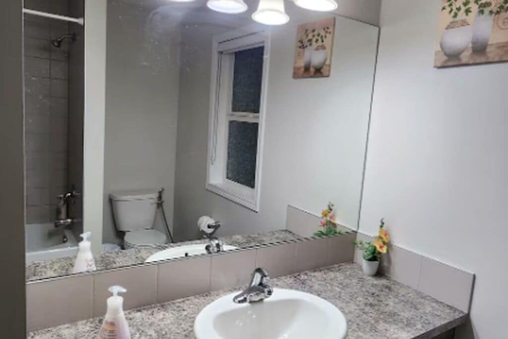 A bathroom with a sink, mirror, and shower.