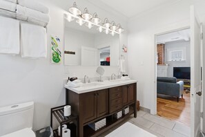 Hair dryer, towels, soap, shampoo