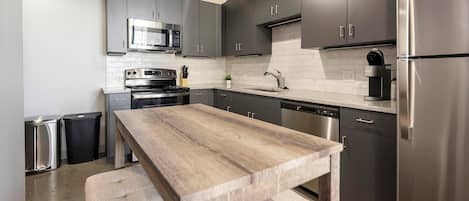 Fridge, dining tables